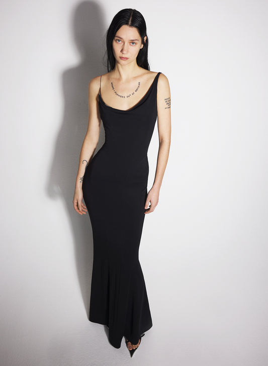 black crepe gown with metallic detail