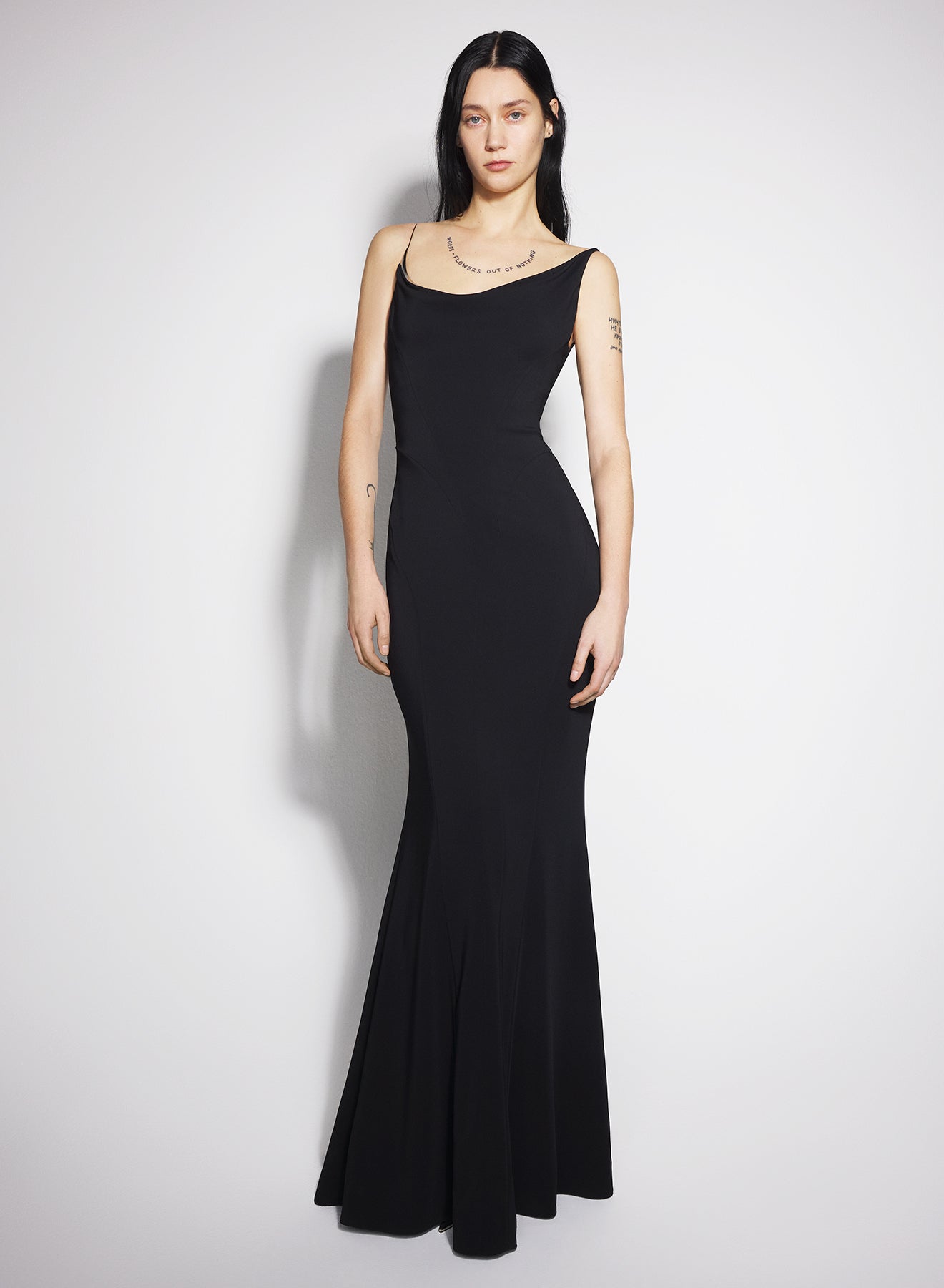 black crepe gown with metallic detail