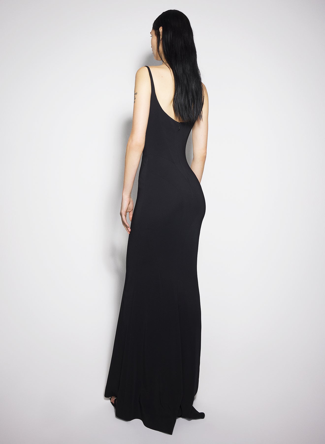 black crepe gown with metallic detail