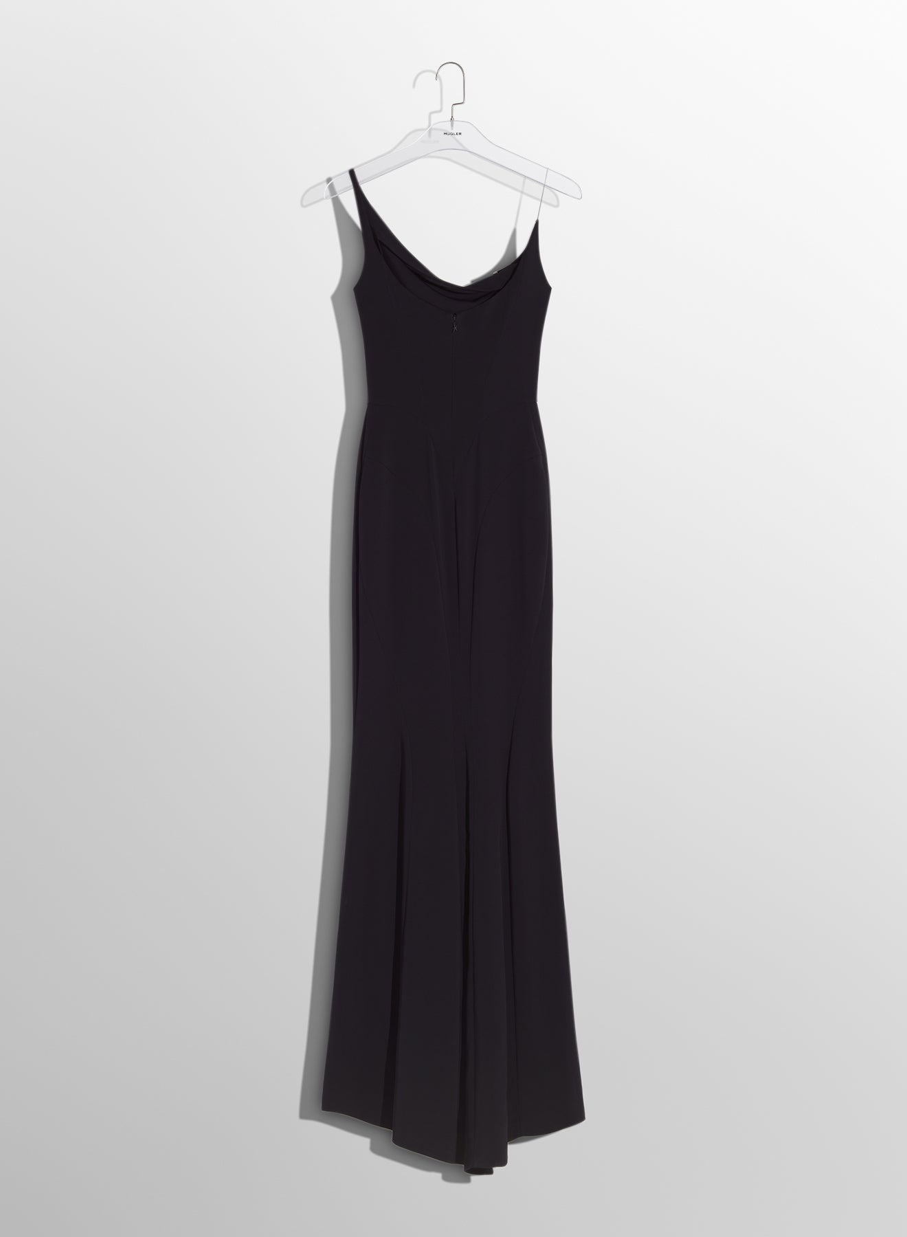 black crepe gown with metallic detail