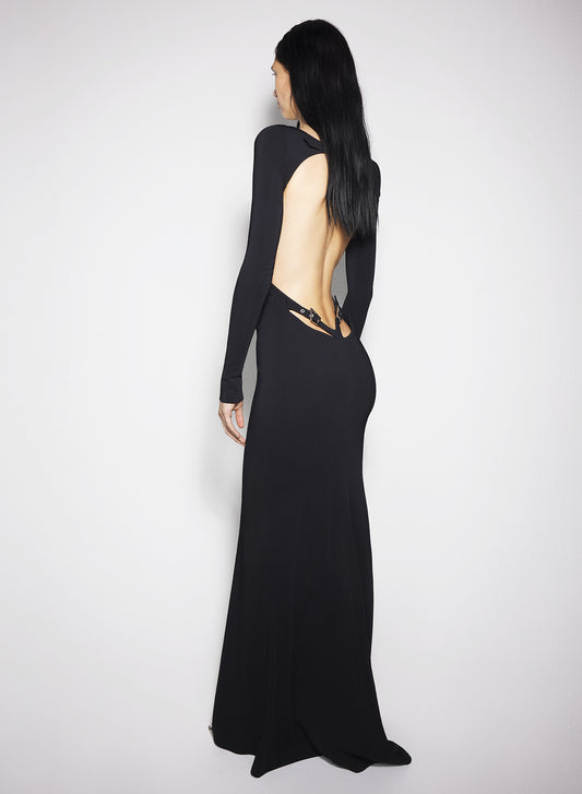 black backless buckled crepe gown