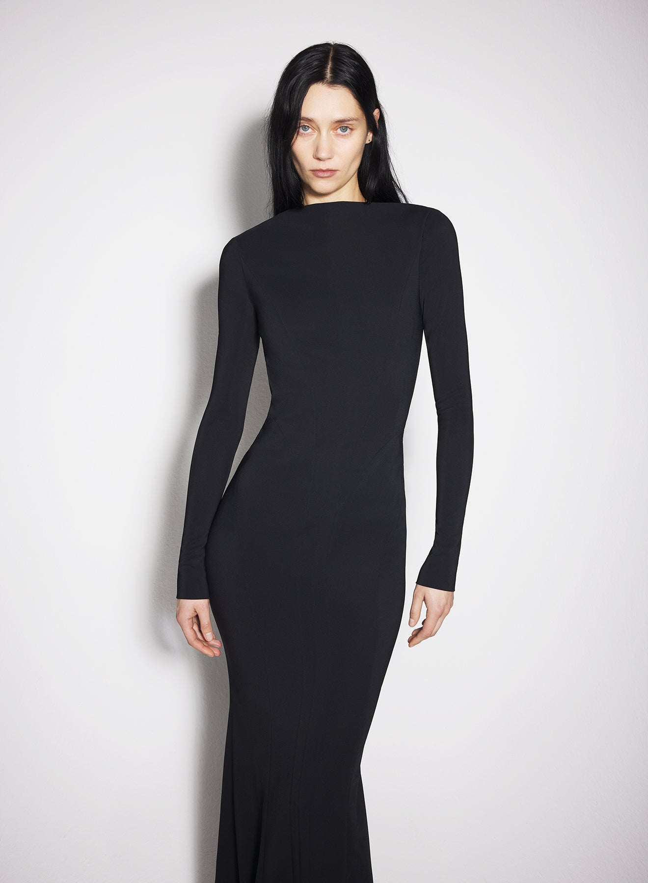 black backless buckled crepe gown