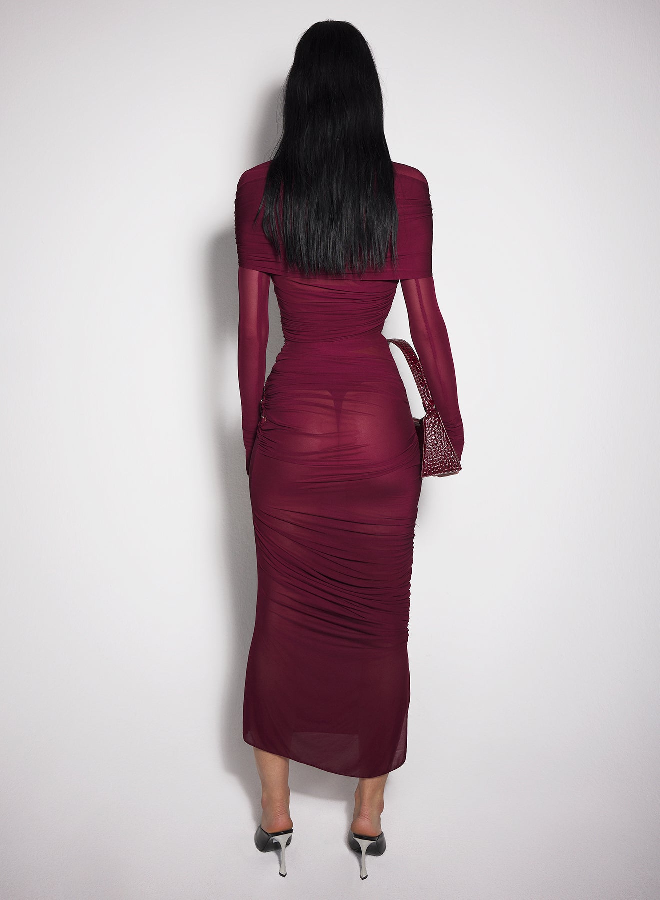 burgundy sheer ruched dress MUGLER Official Website Mugler