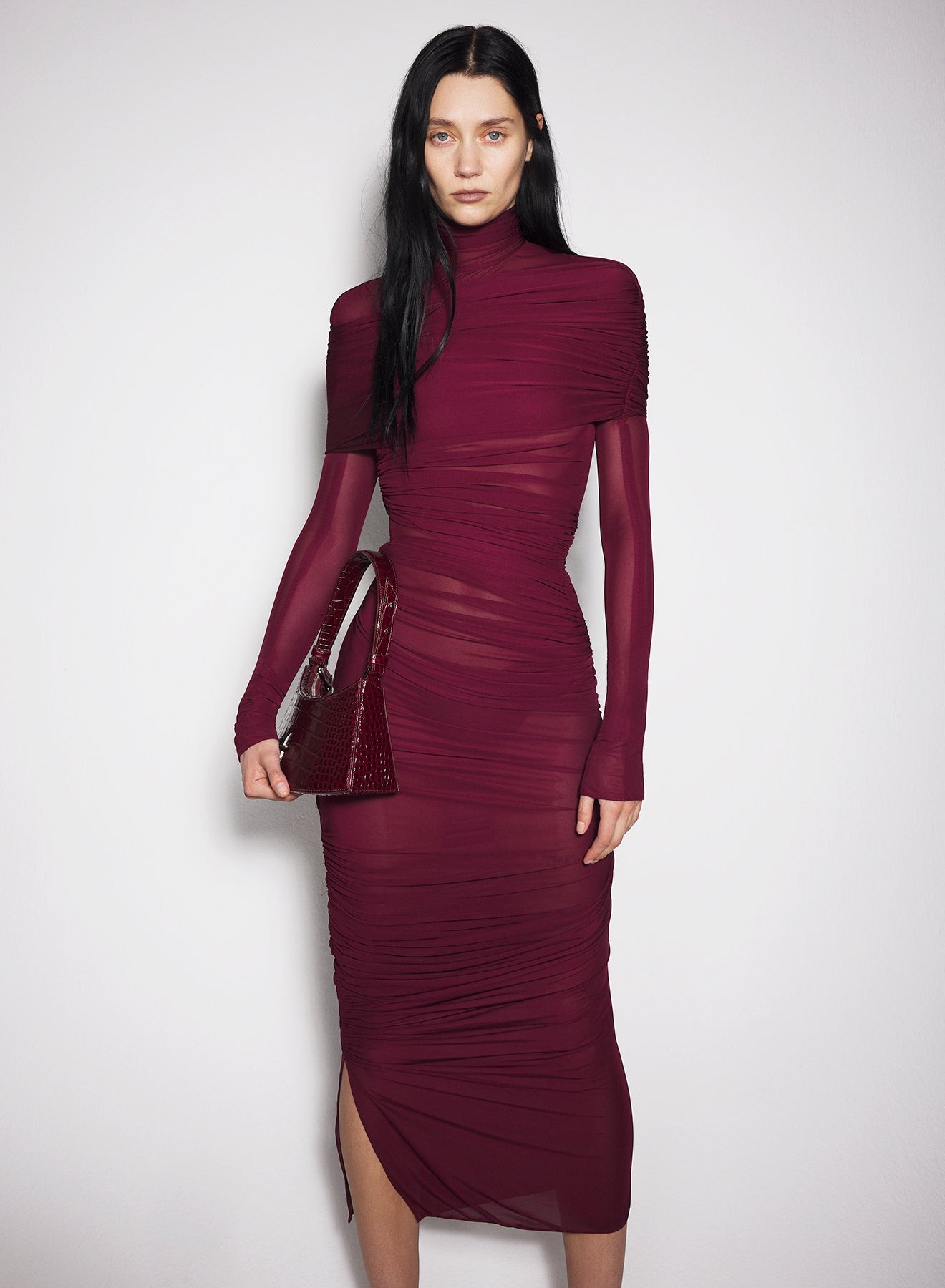 burgundy sheer ruched dress