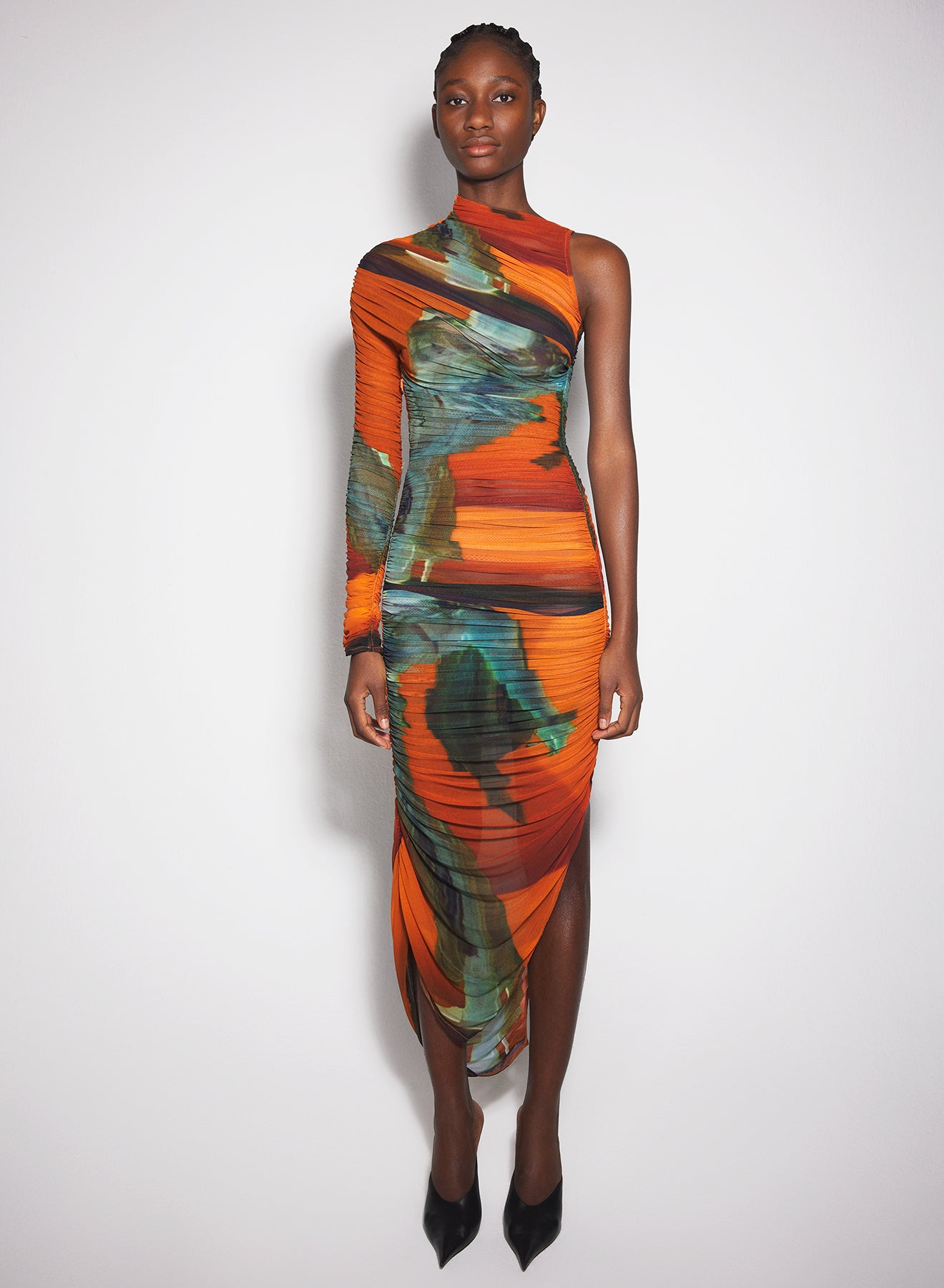 Archive print asymmetrical mesh dress