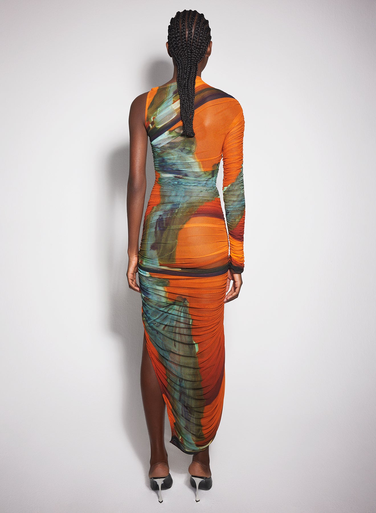 Archive print asymmetrical mesh dress