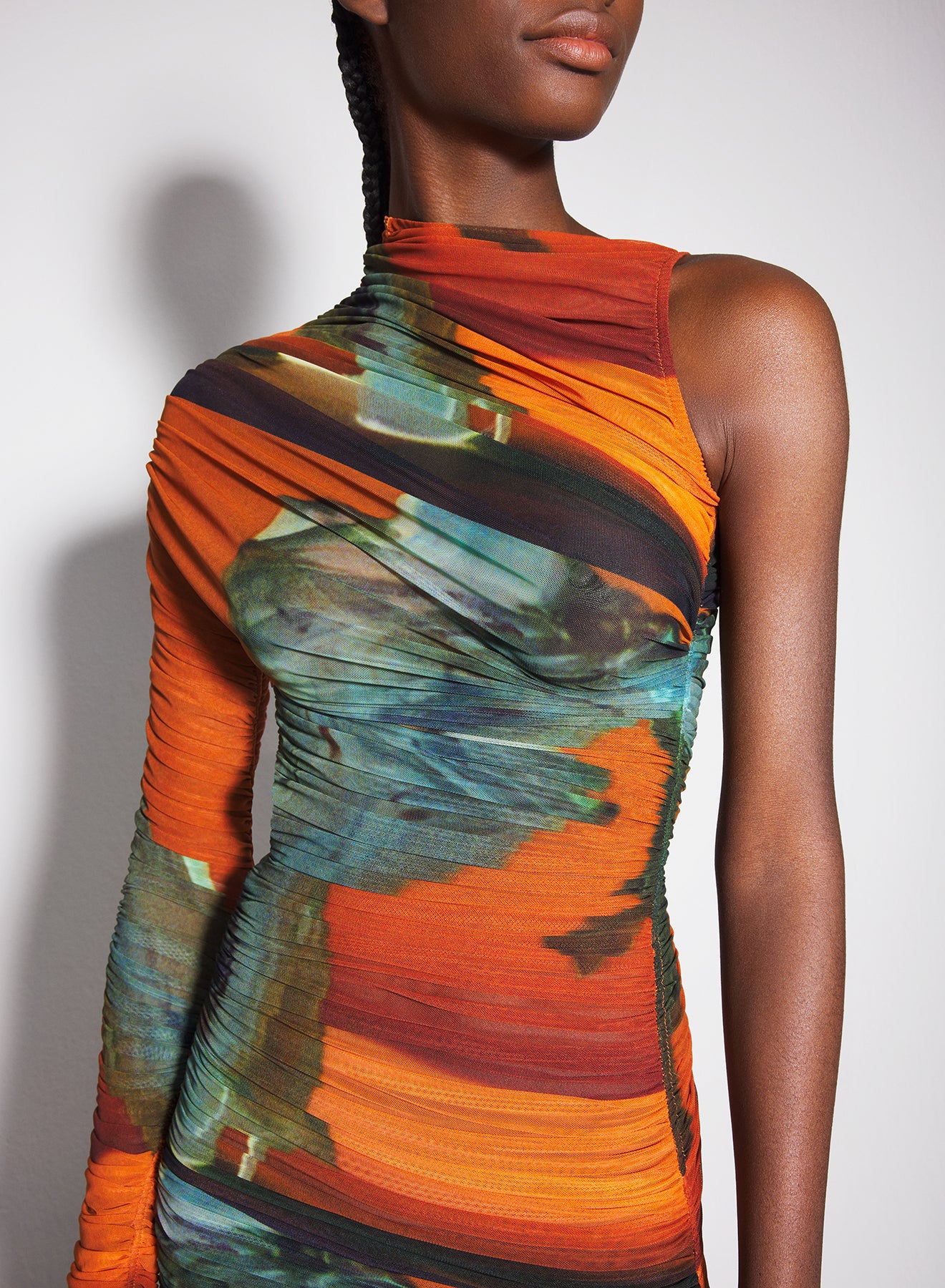 Archive print asymmetrical mesh dress