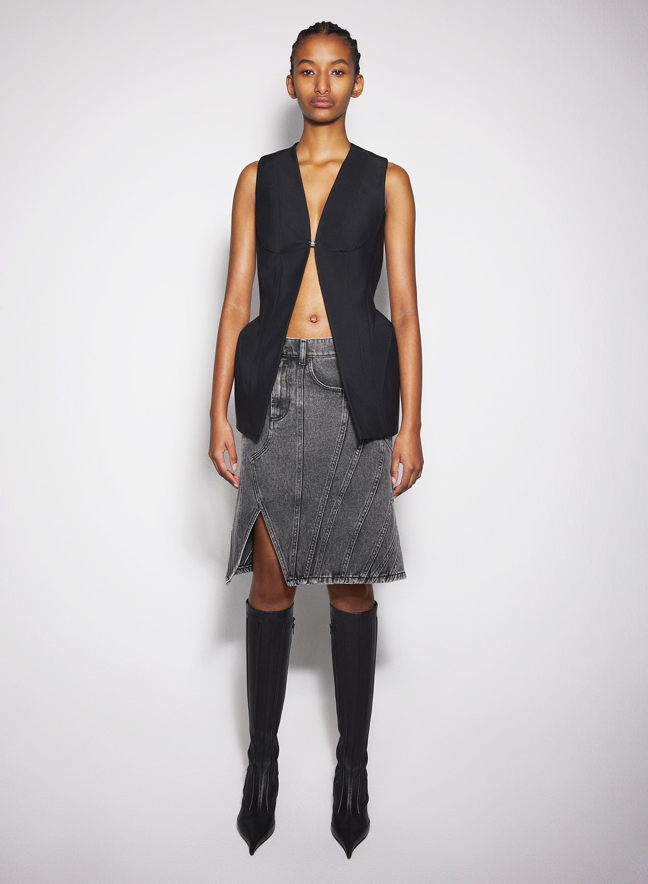 washed black spiral denim skirt