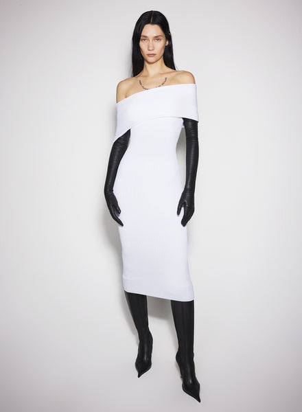 white off-shoulder sculpting knit dress | MUGLER Official Website – Mugler