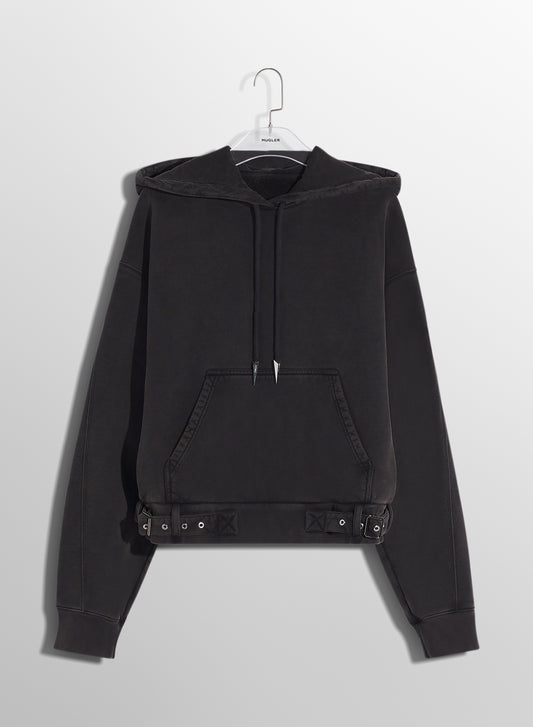 washed black fleece buckled hoodie