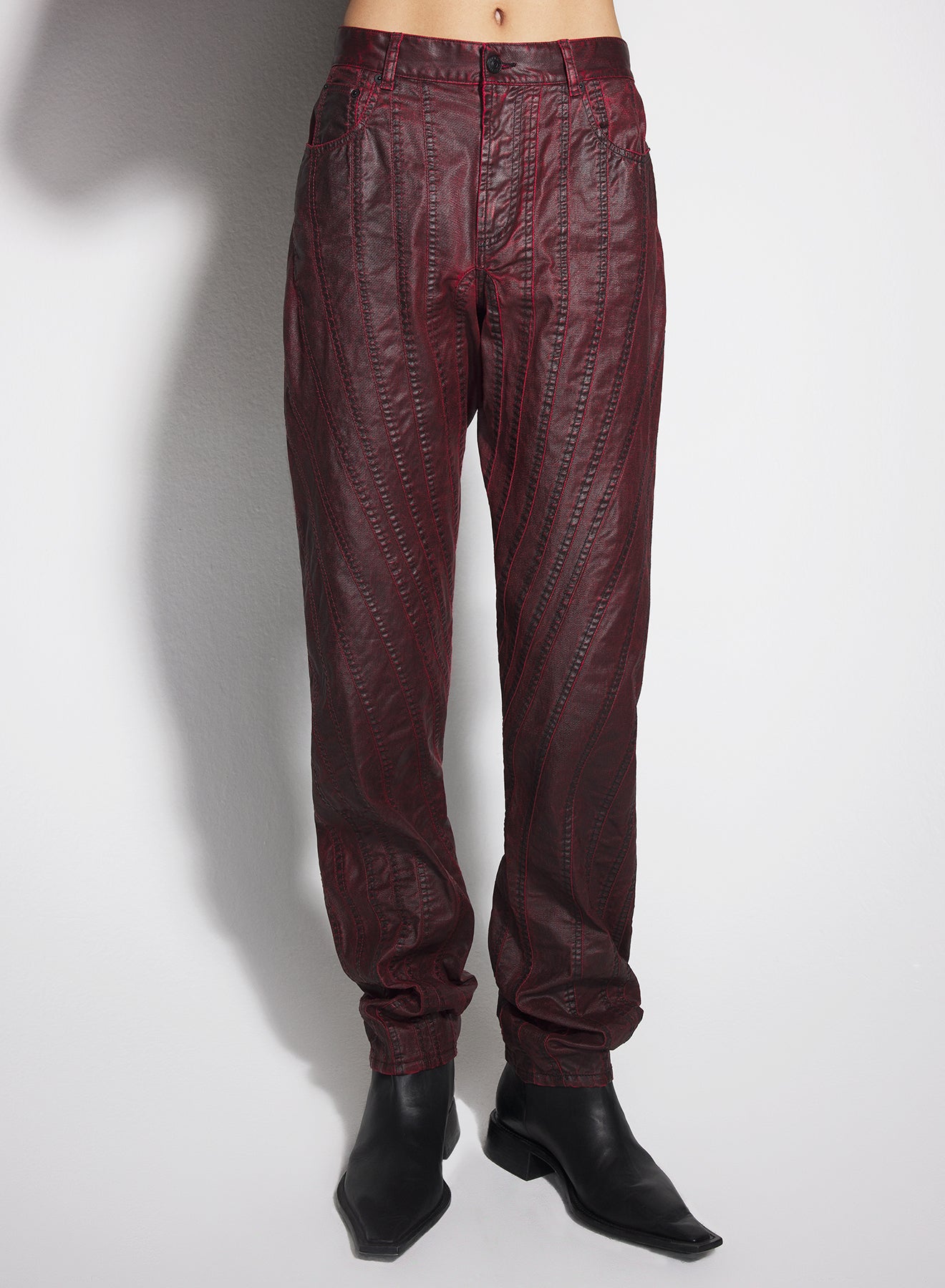 burgundy waxed spiral baggy jeans