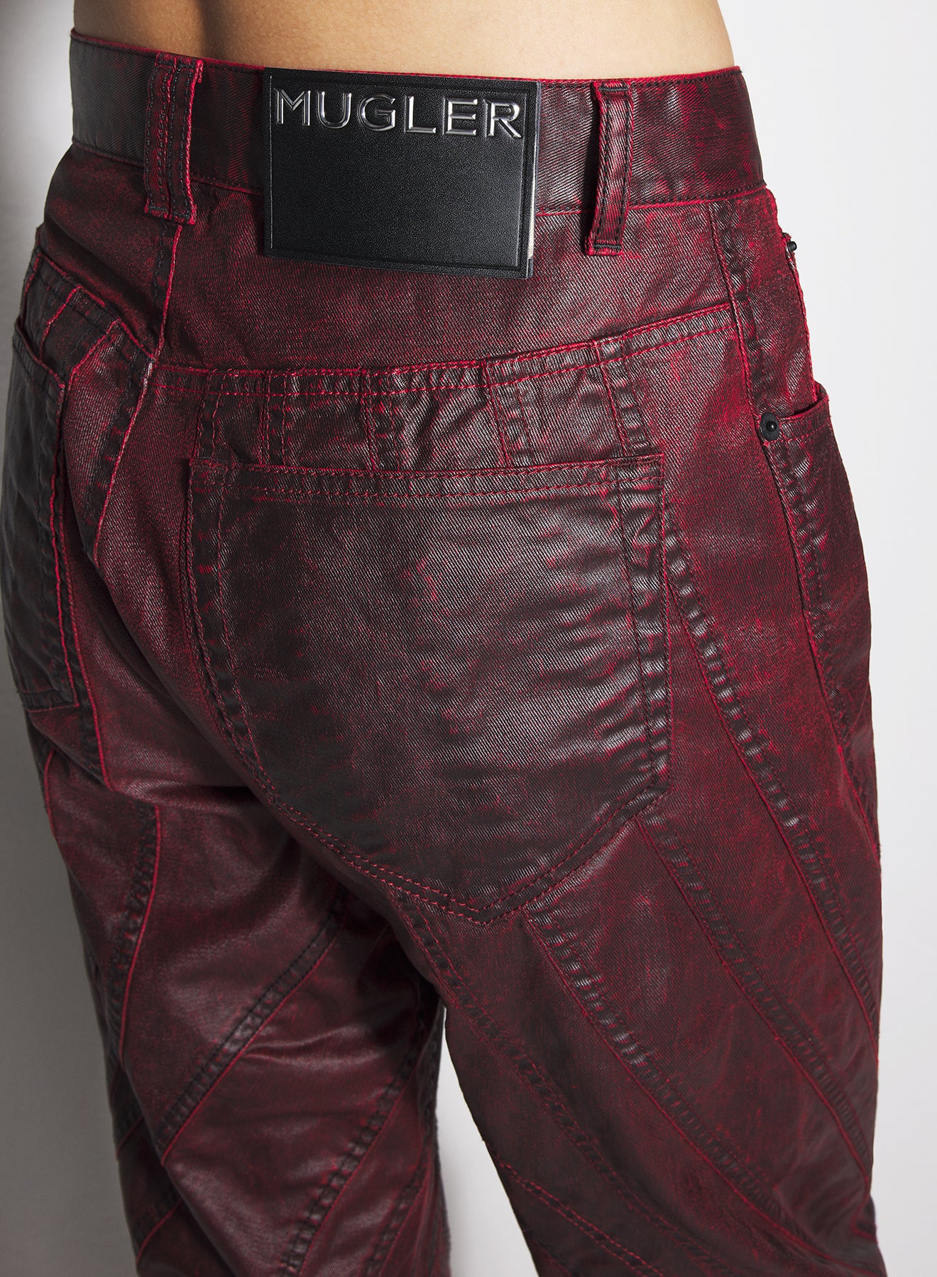 burgundy waxed spiral baggy jeans