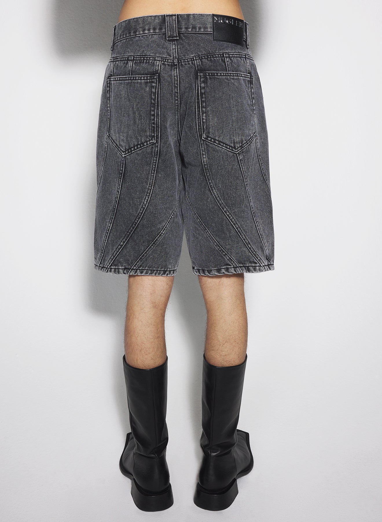 washed black spiral denim shorts