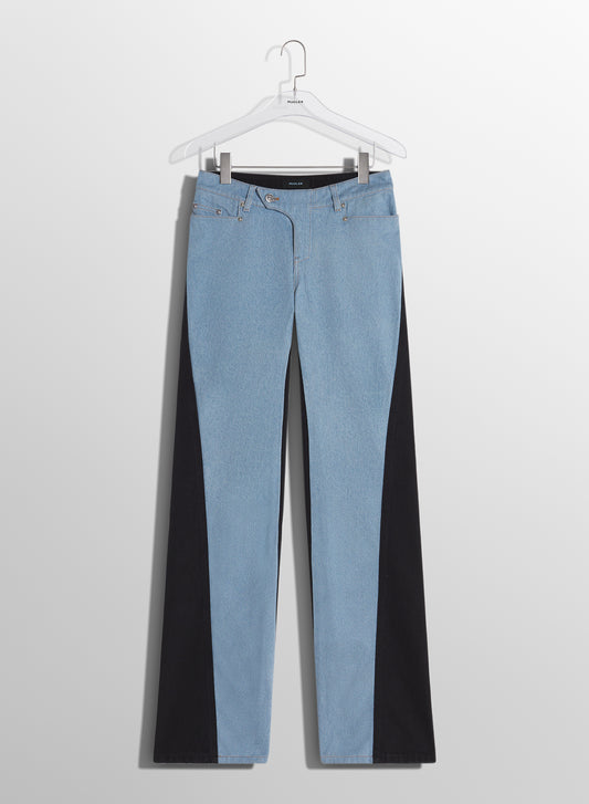 blue bi-color straight leg jeans