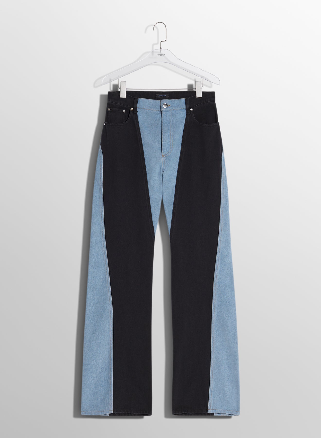 blue bi-color straight leg jeans