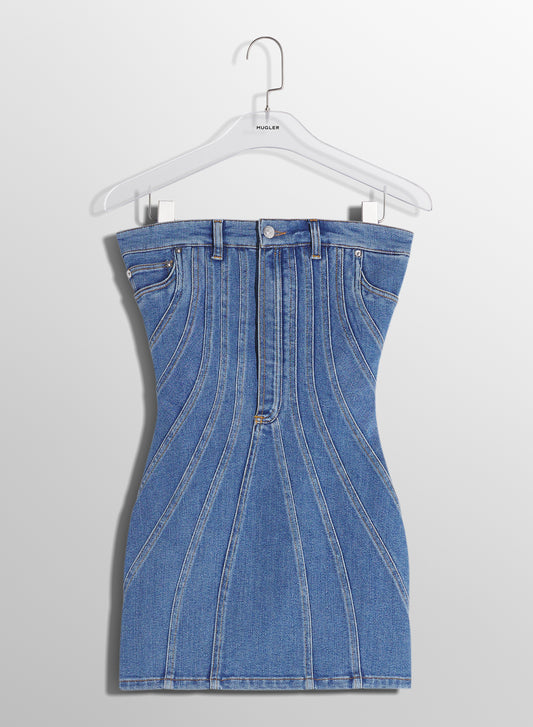 blue spiral denim bustier dress