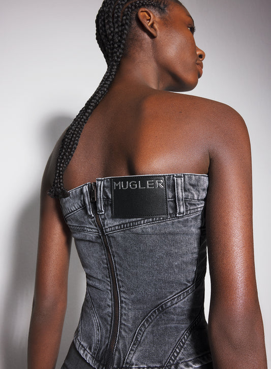 washed black spiral denim bustier