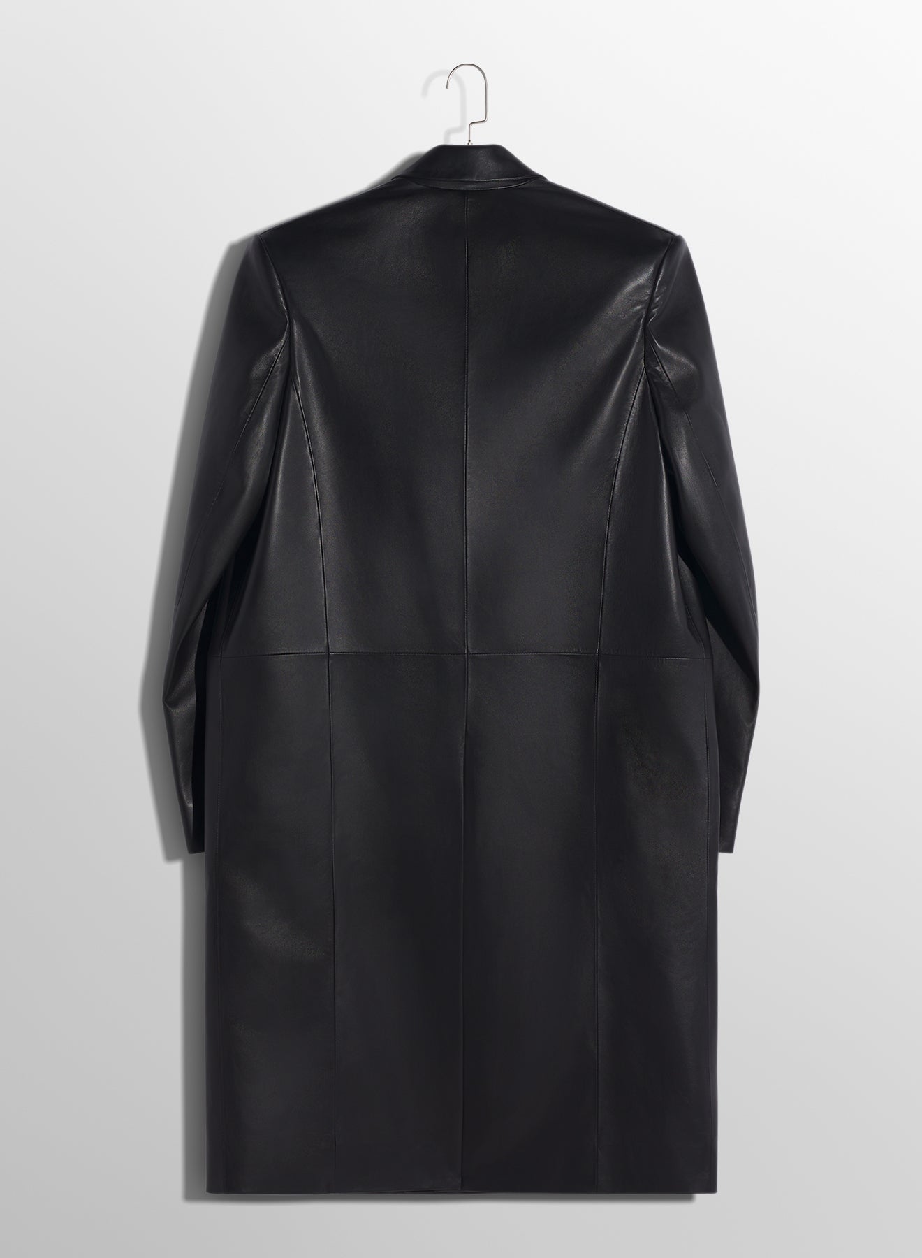 black single-breasted leather coat