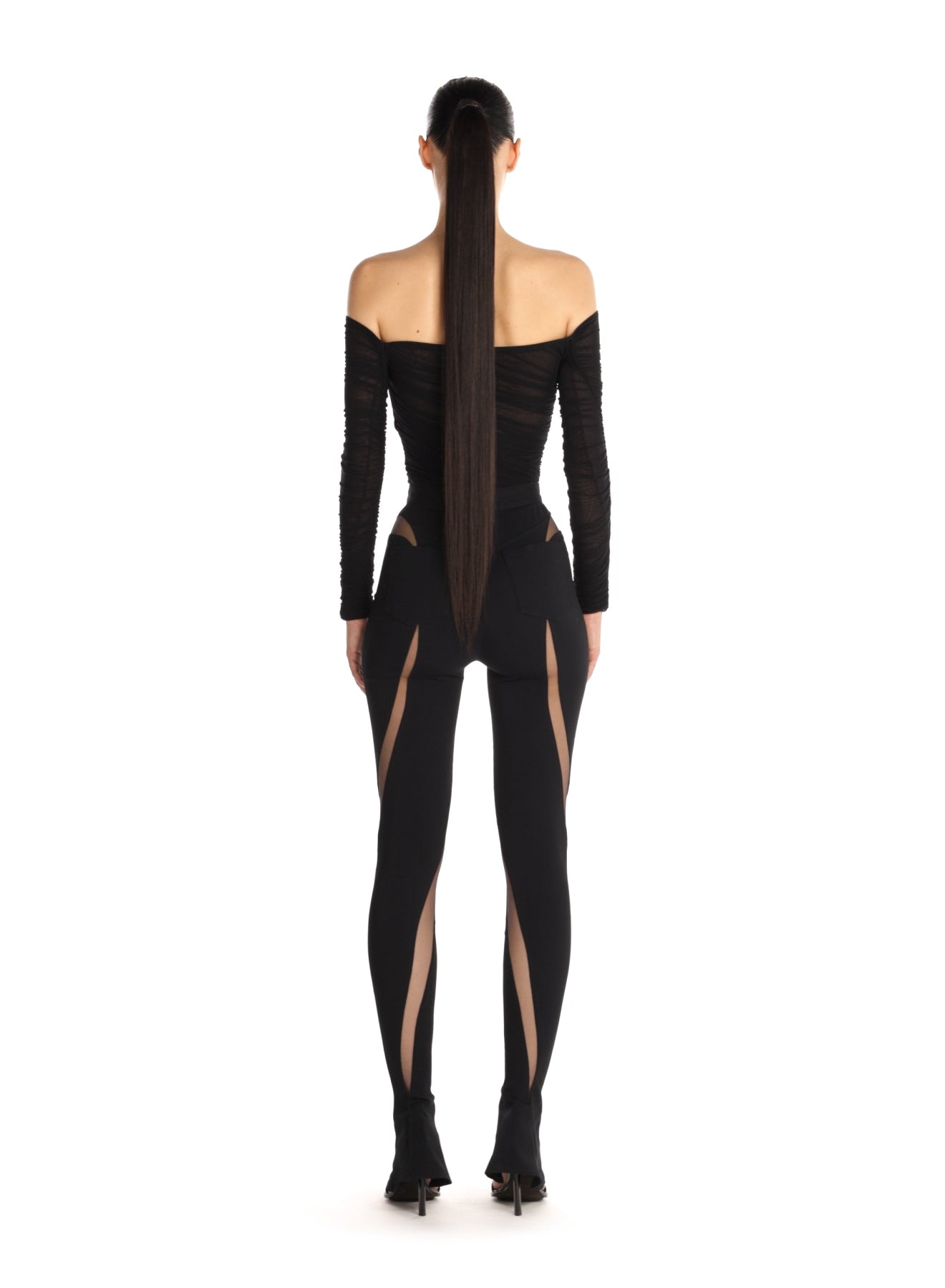 black ruched mesh bodysuit