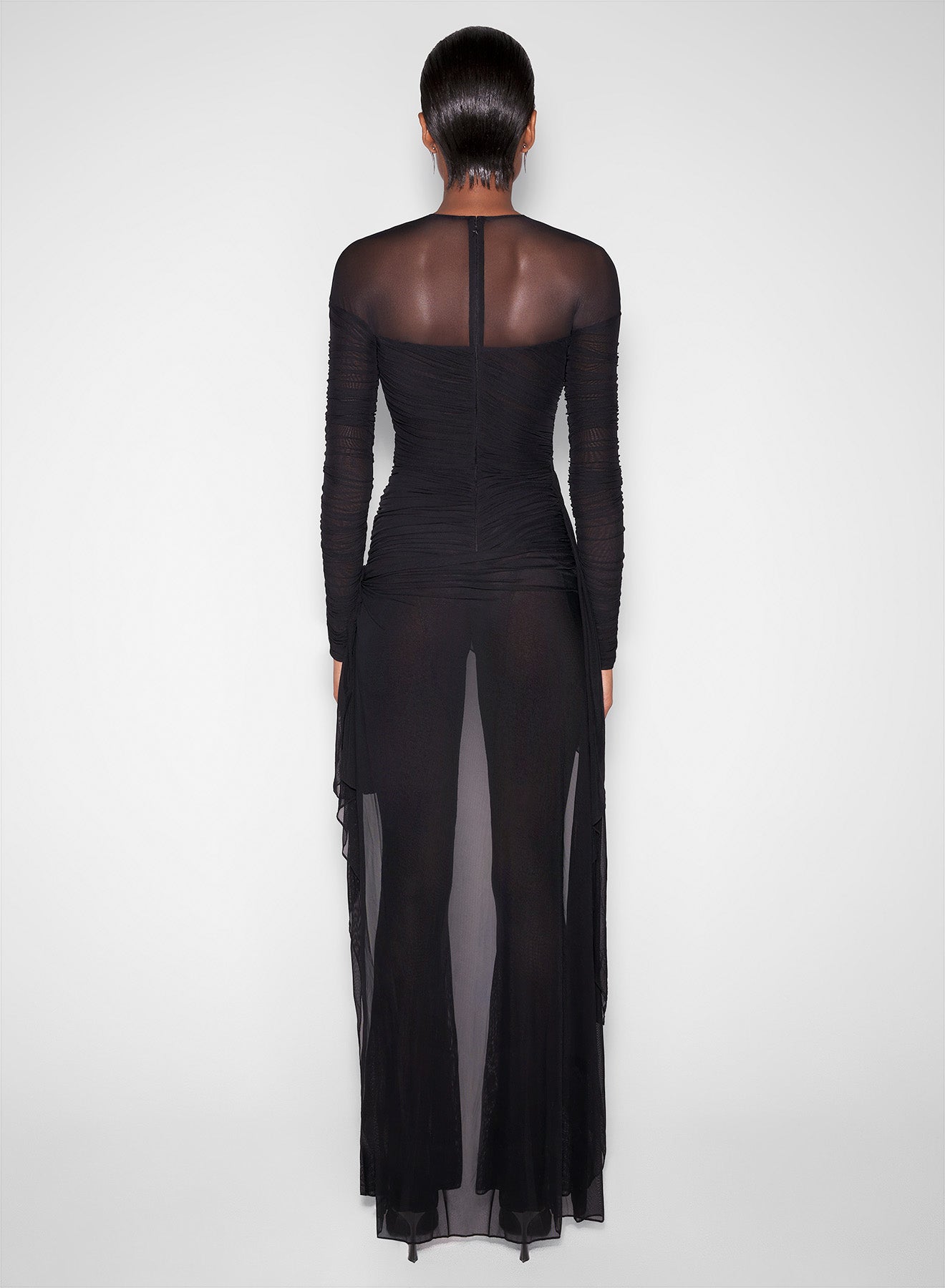 black draped mesh jumpsuit