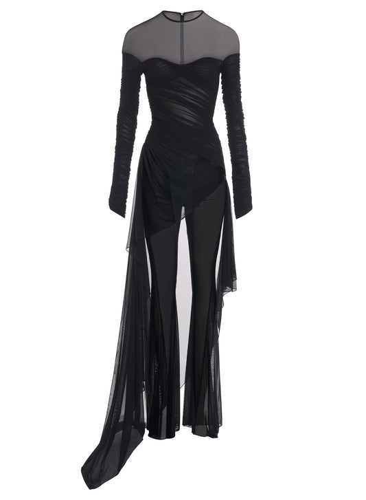 Naked Wardrobe ruched shoulder detail draped maxi dress in black