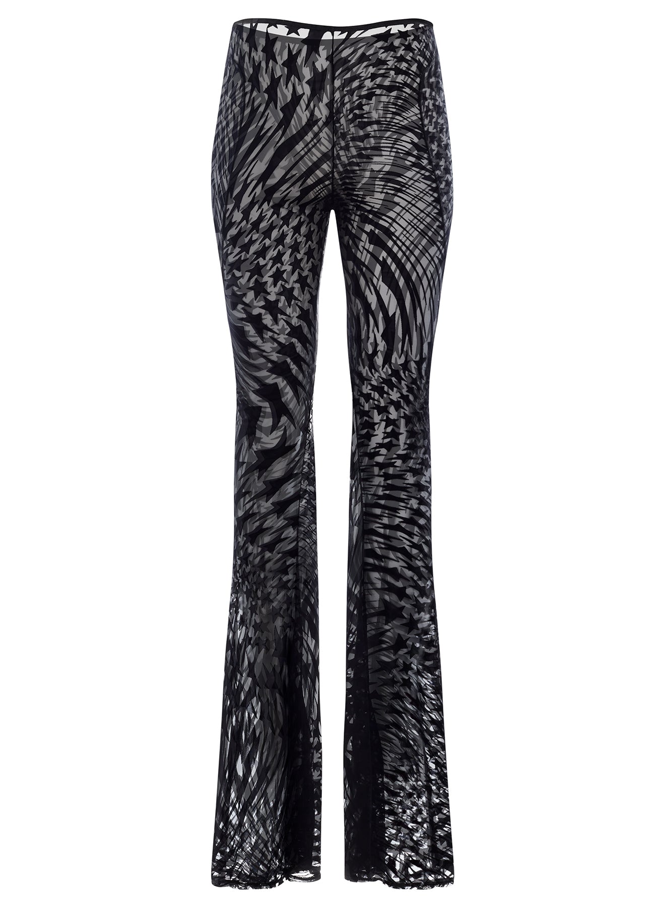 star flocked mesh flare trousers