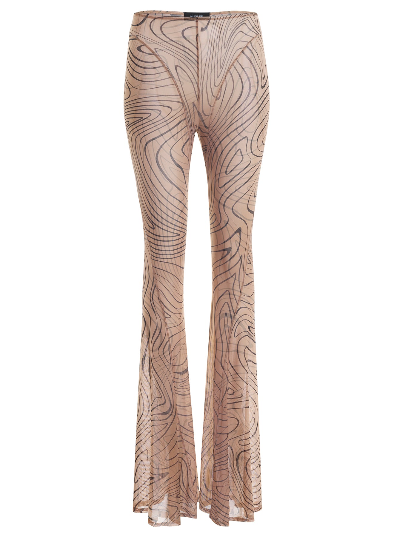 printed mesh flare trousers
