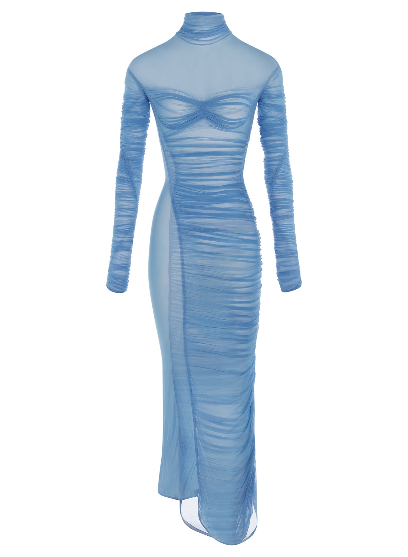 silver blue ruched mesh dress