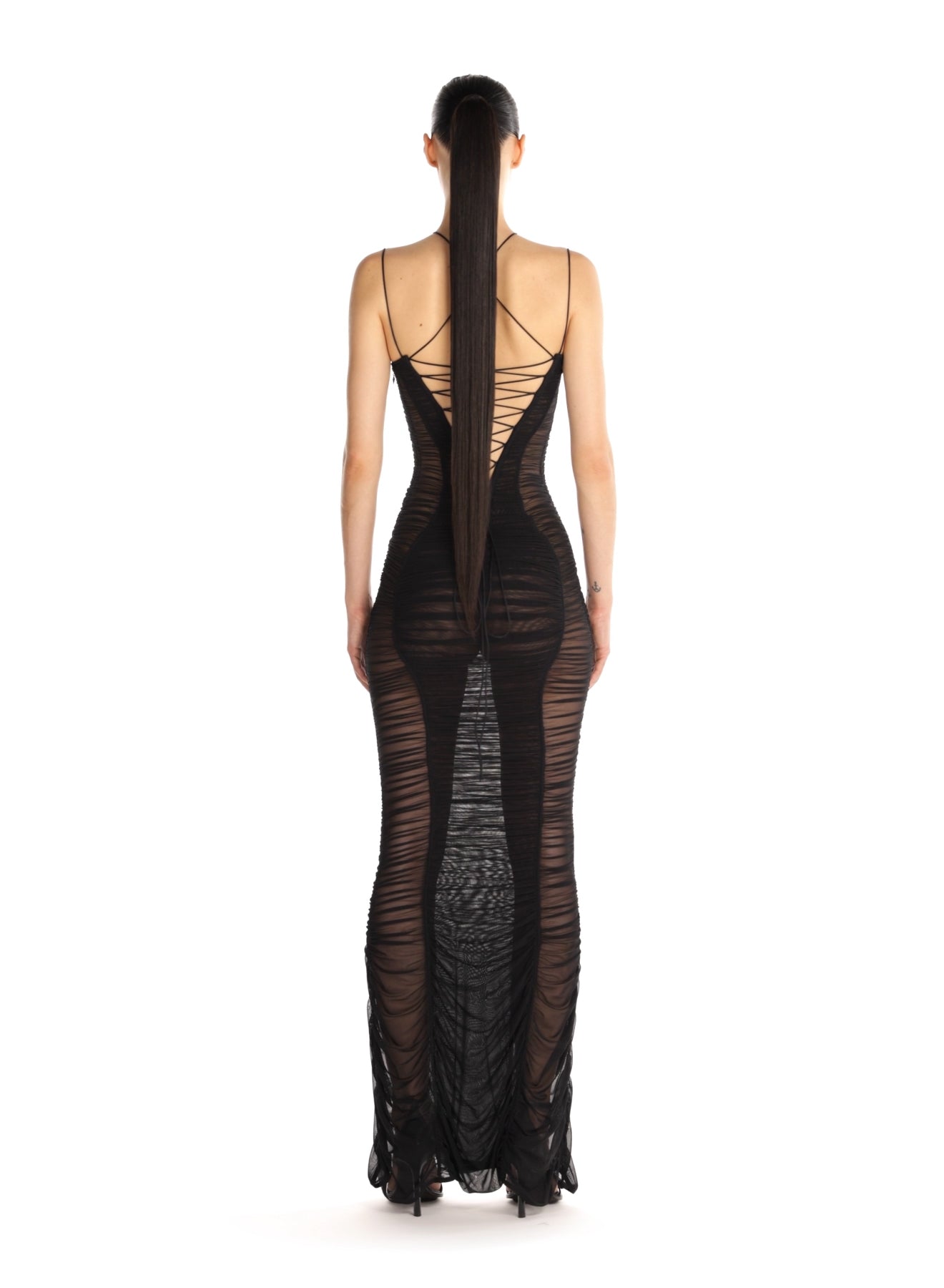 black backless ruched mesh gown