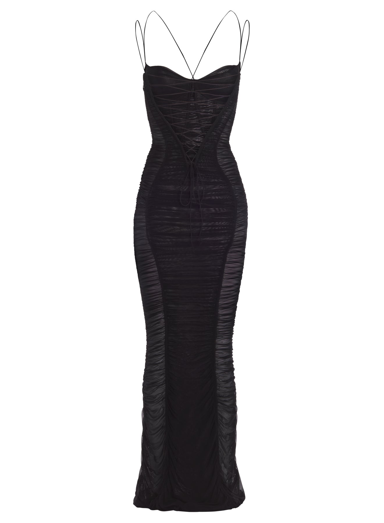 black backless ruched mesh gown