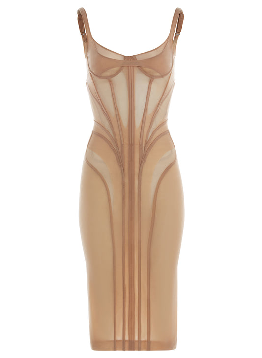 tan corseted lingerie midi dress