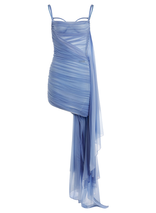 silver blue ruched mini dress
