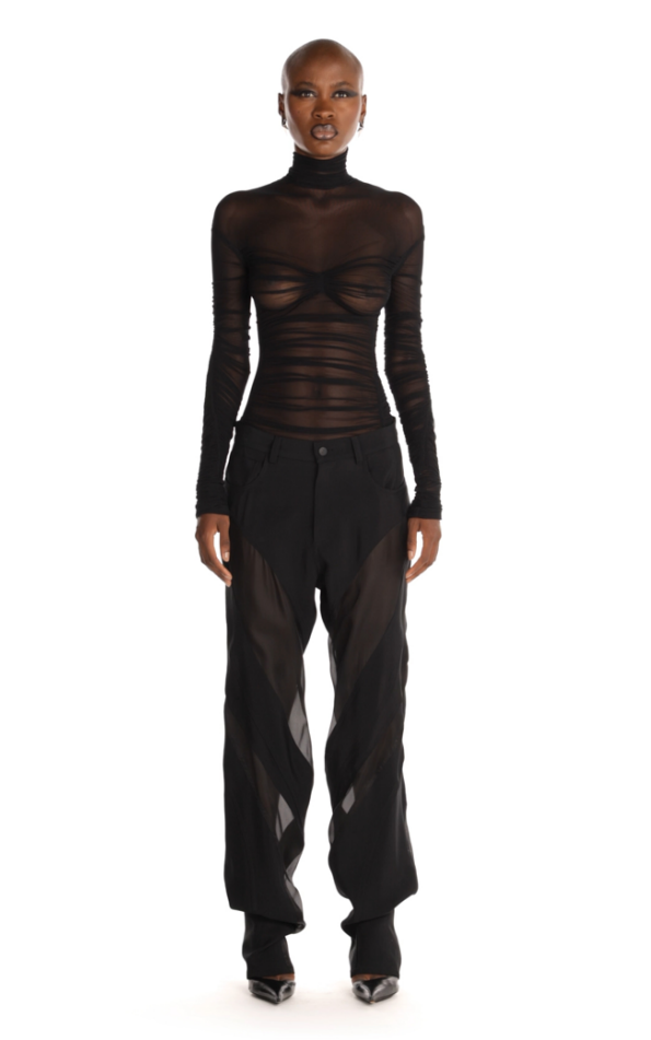 Meugler - Owl Print Ruffled Mesh Turtleneck Top