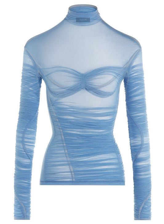 silver blue ruched mesh top