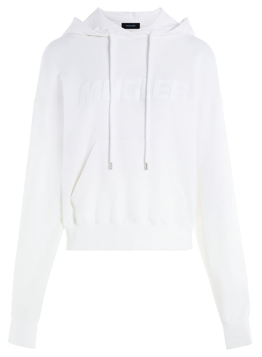 white mugler logo hoodie
