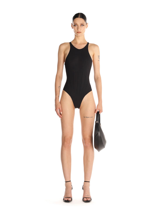 black corseted one-piece swimsuit