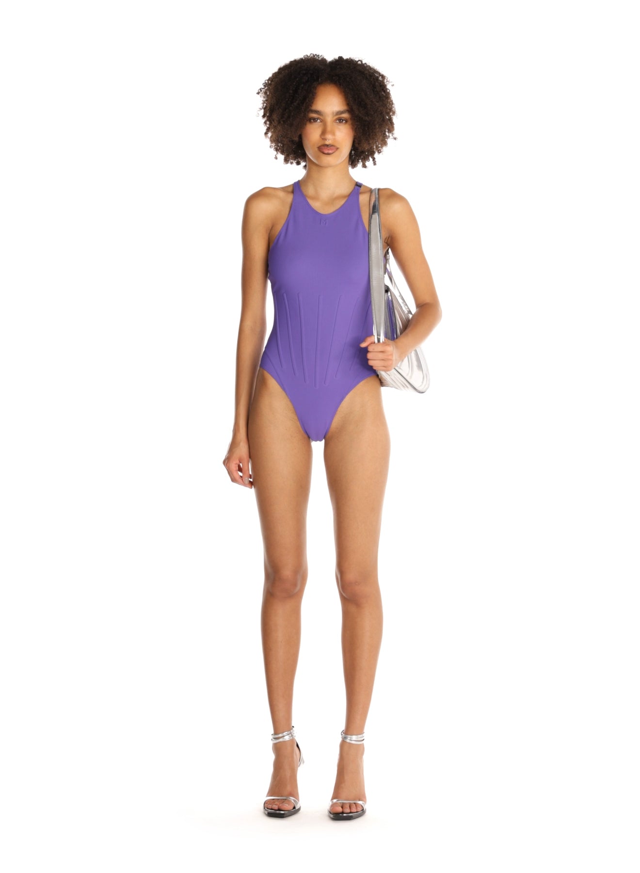 purple corseted one-piece swimsuit