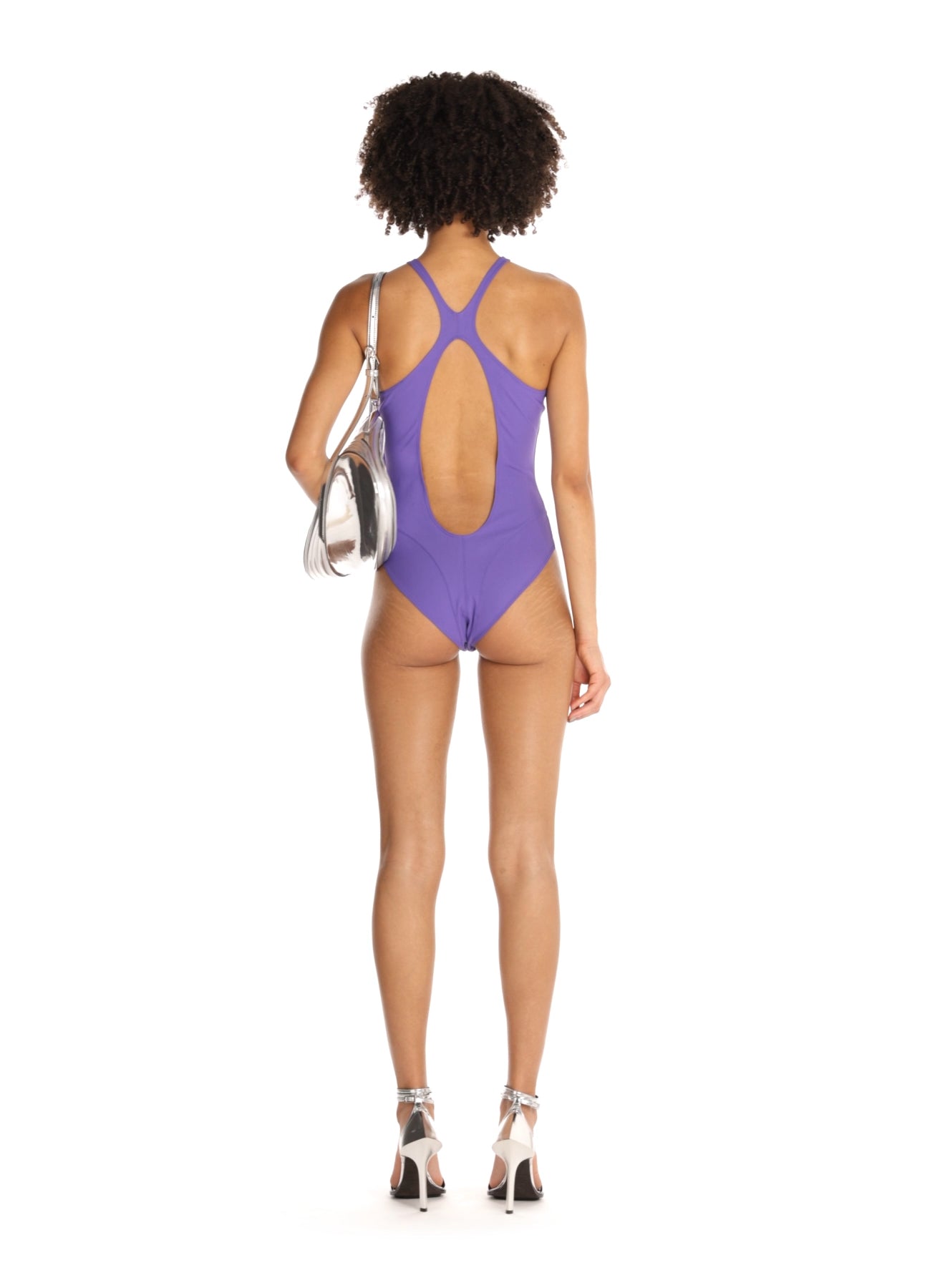 purple corseted one-piece swimsuit