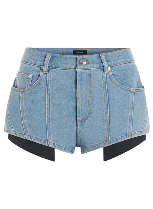 blue bi-color mini denim shorts