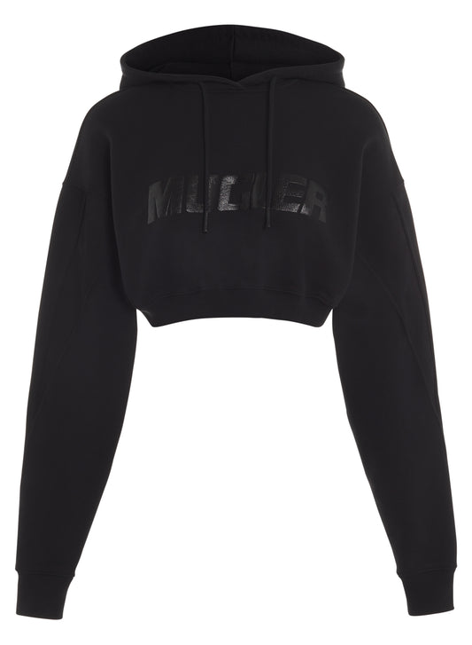 black cropped mugler logo hoodie