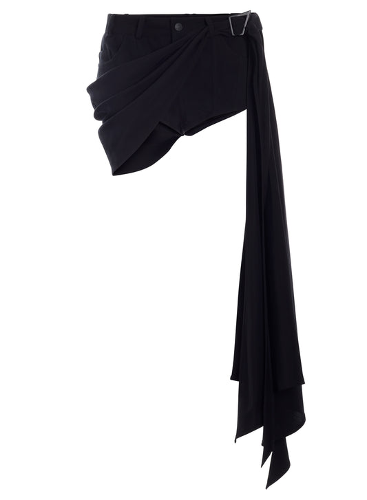 black draped spiral denim shorts