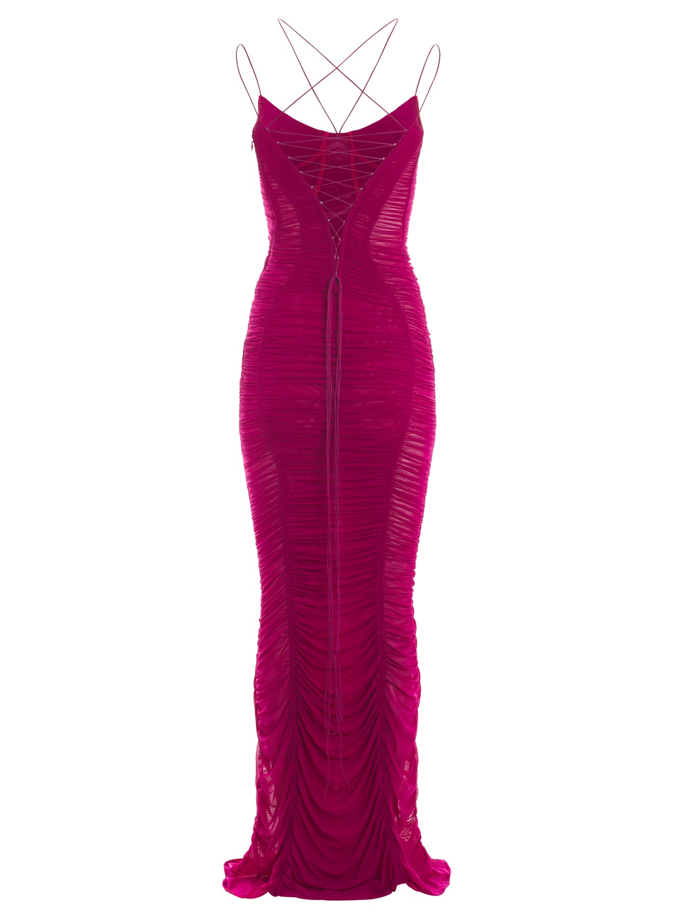 magenta backless ruched mesh gown