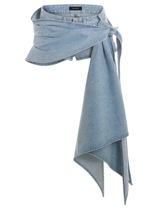 blue draped spiral denim rhinestone shorts