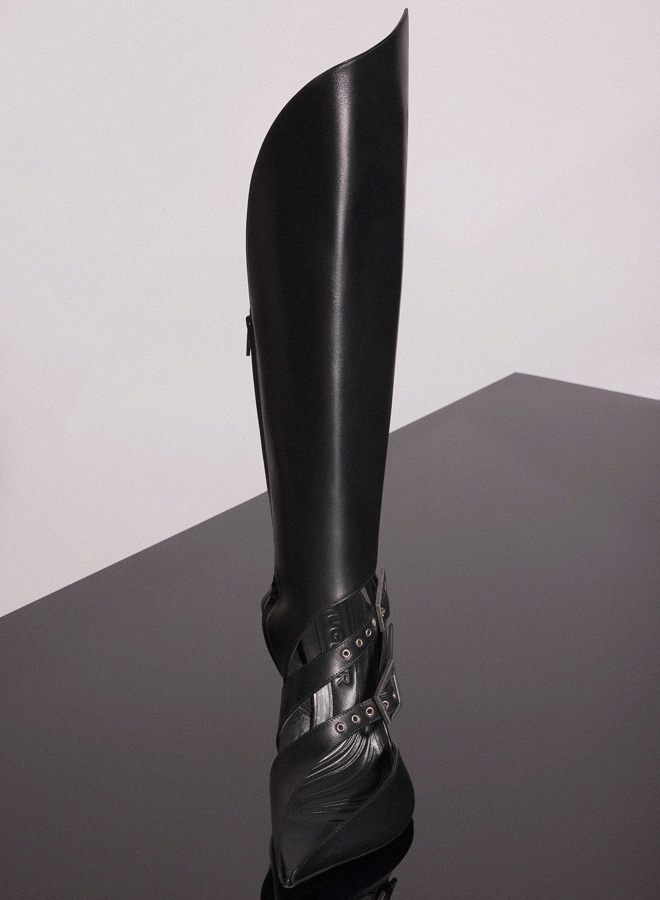 black leather buckled fang 95 knee high boots