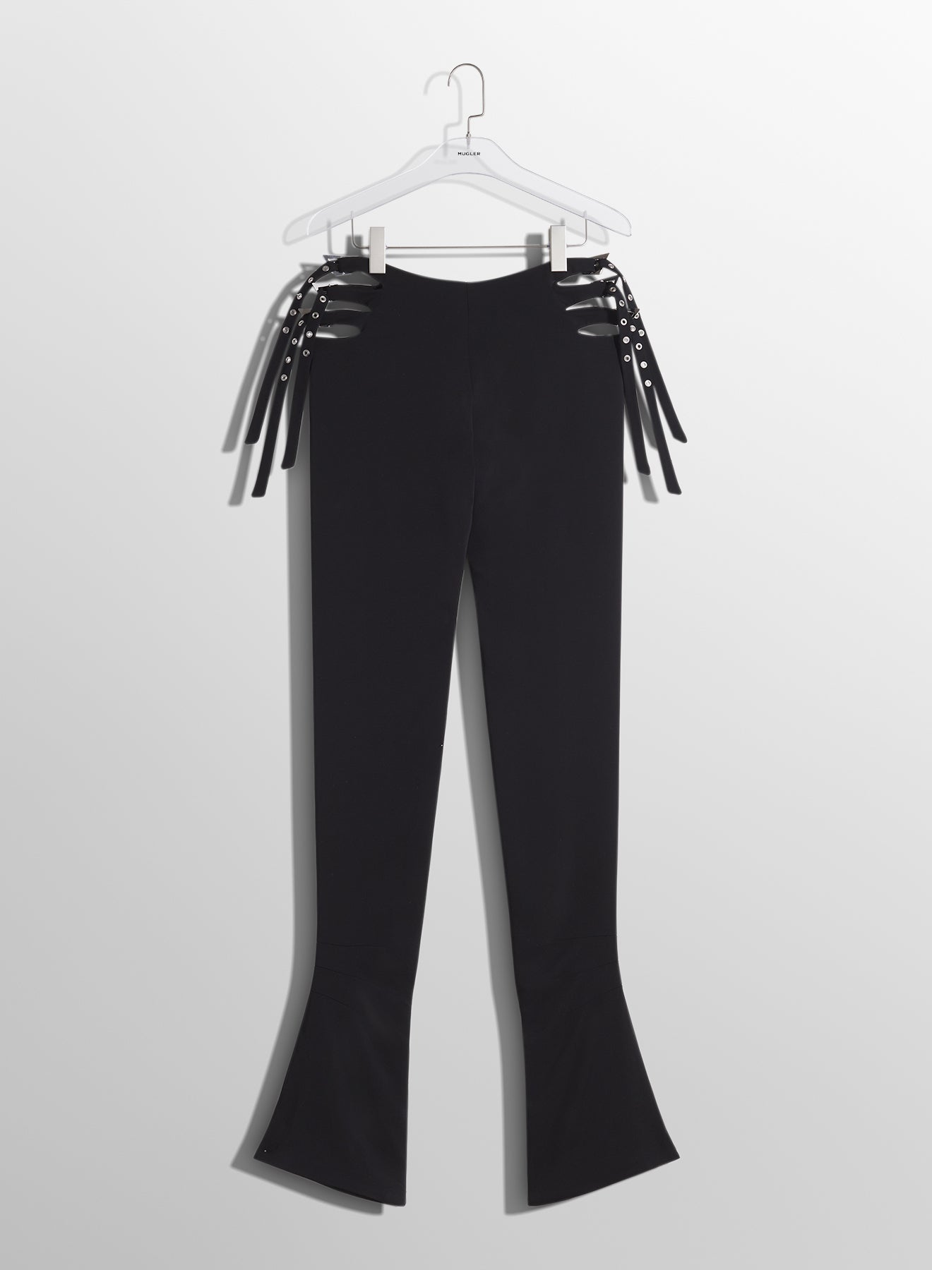 black buckled flare trousers