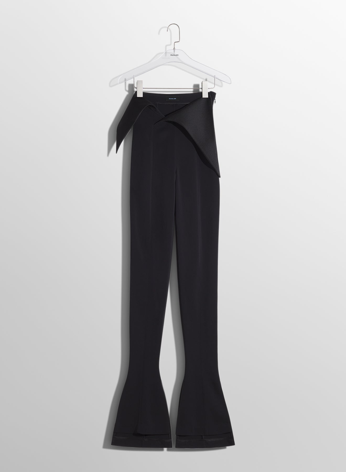 black satin cummerbund flare wool trousers