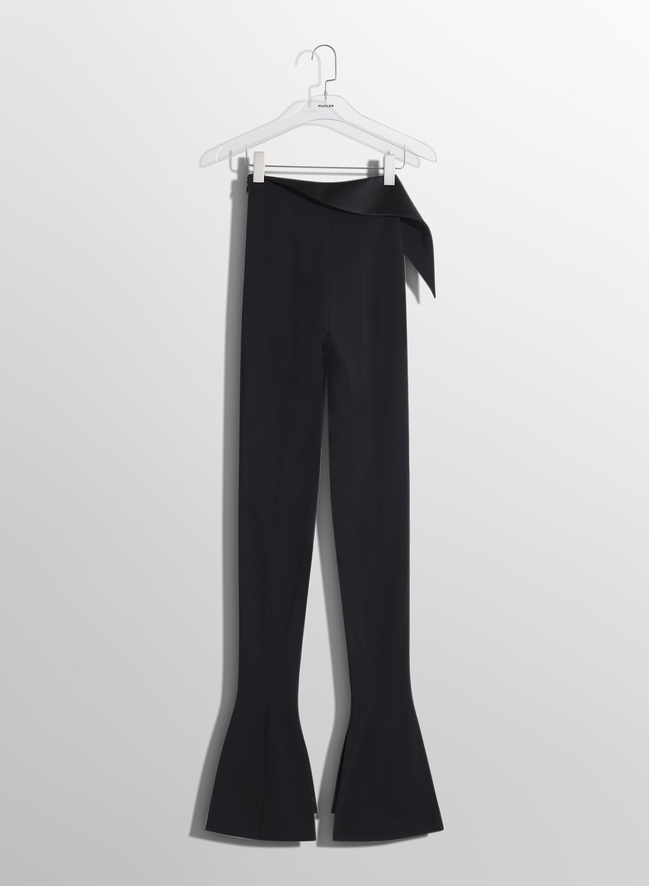 black satin cummerbund flare wool trousers