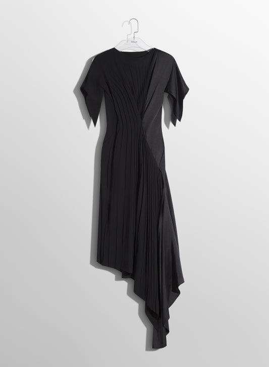 black pleated asymmetrical dress