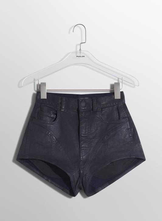 midnight blue bi-material denim shorts