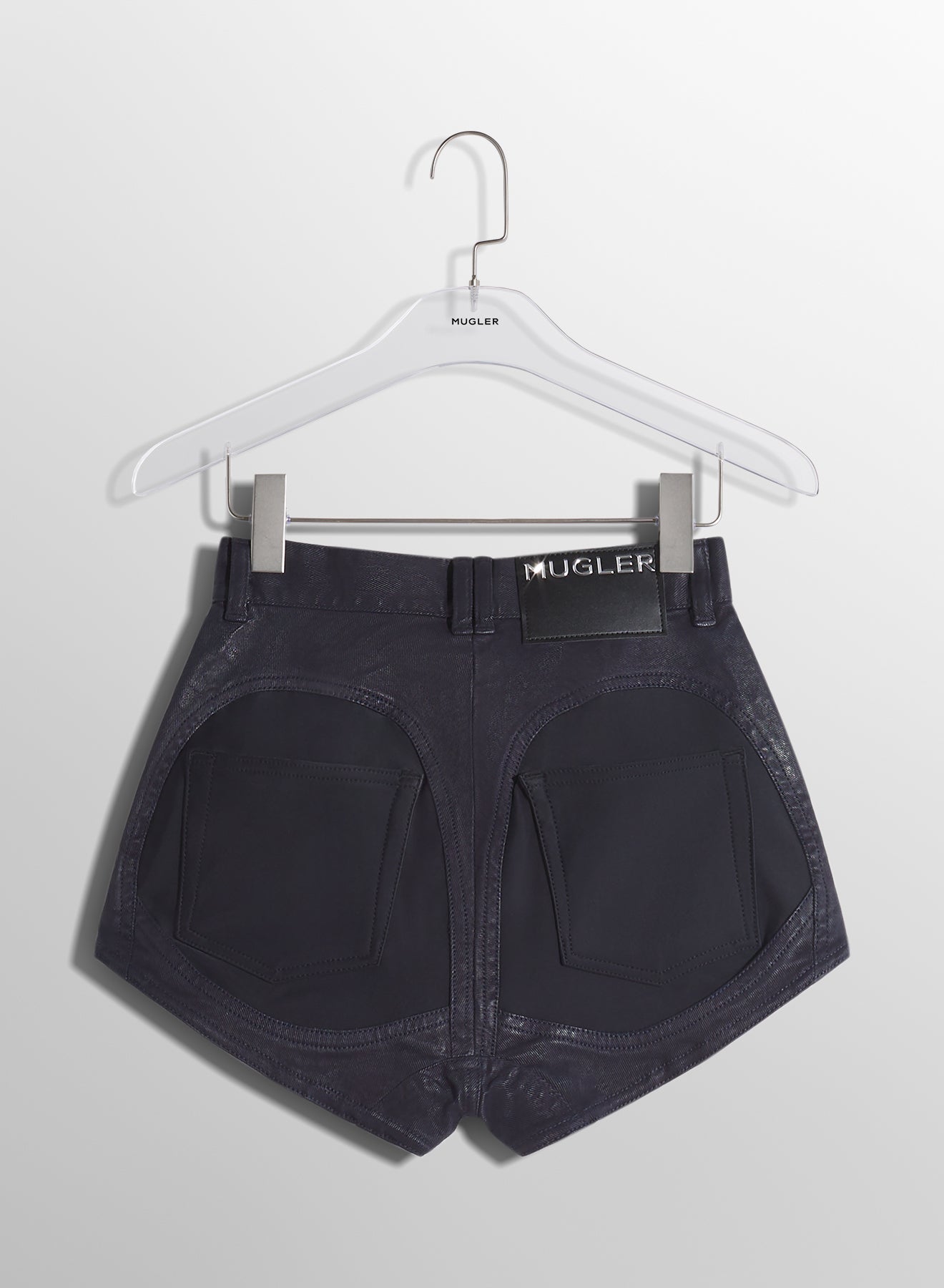 midnight blue bi-material denim shorts